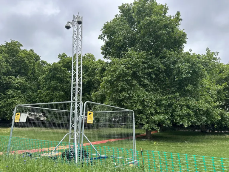 A temporary CCTV tower in St James's Park for Trooping the Colour