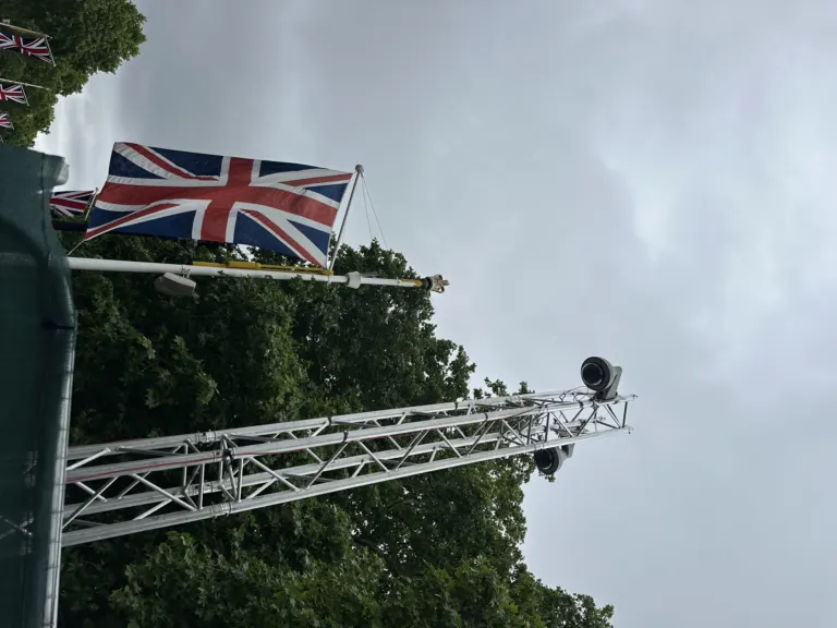 A CCTV camera mast beside the Union flag on The Mall