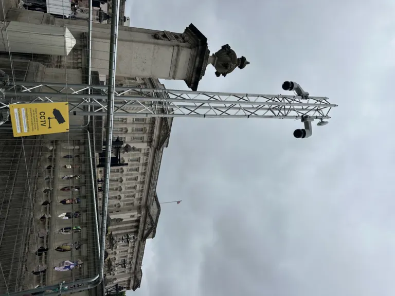 A CCTV mast on the Buckingham Palace railings