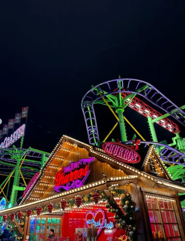 Rides and stalls lit up at night at Hyde Park Winter Wonderland