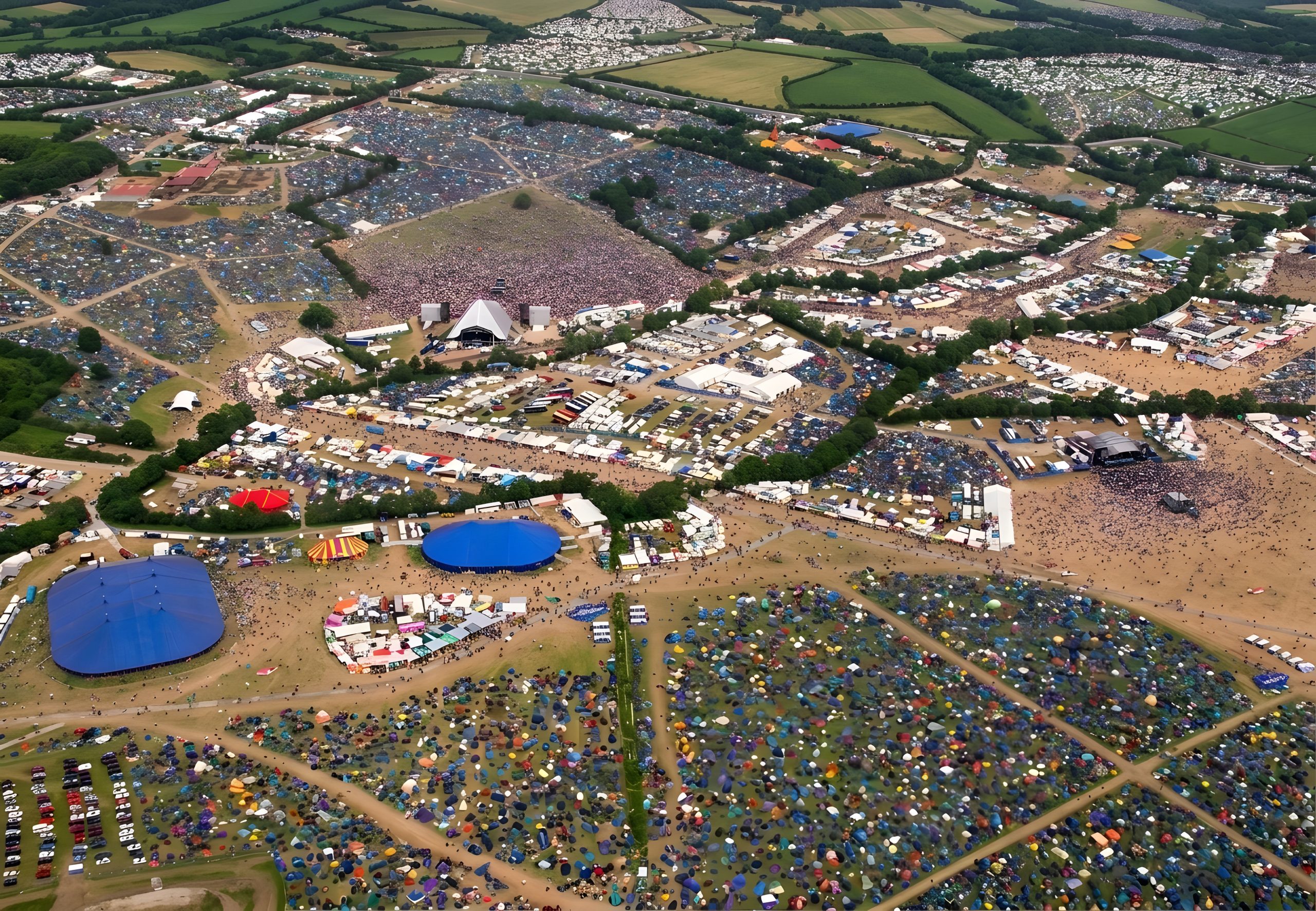 Aerial view of Glastonbury Festival