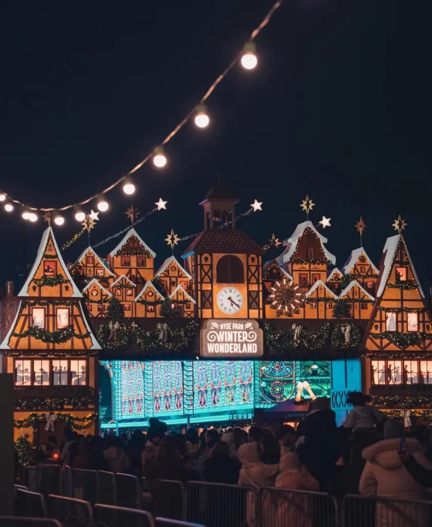 The Bavarian Village and Winter Wonderland sign at night